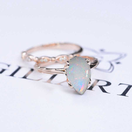 3 Carat Pear Shaped Genuine White Opal  Engagement Eternity Rose Gold Ring Set