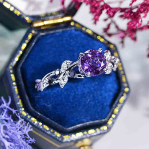 Lavender Purple Sapphire  Black Diamonds Floral White Gold Engagement Ring