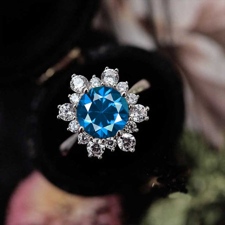 Snowflake Cornflower Sapphire Ring, 2.0ct Round Cut Cornflower Sapphire Halo Ring, Solid 14K White Gold Ring