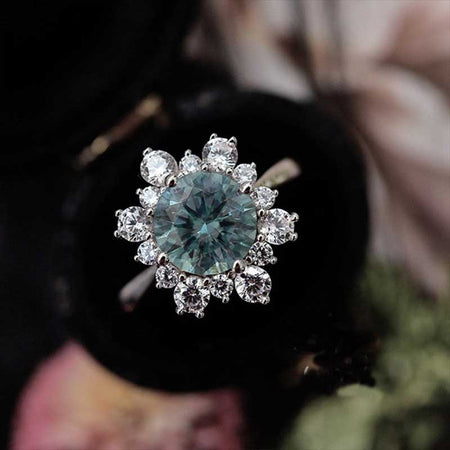 Snowflake Teal Sapphire Ring, 2.0ct Round Cut  Teal Sapphire Halo Ring, Solid 14K White Gold Ring