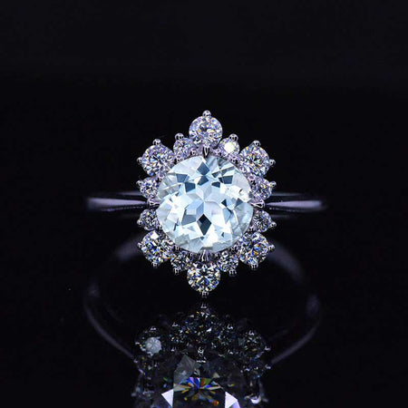 Snowflake Genuine Natural Aquamarine Ring, 2.0ct Round Cut Genuine Natural Aquamarine Halo Ring, Solid 14K White Gold Ring