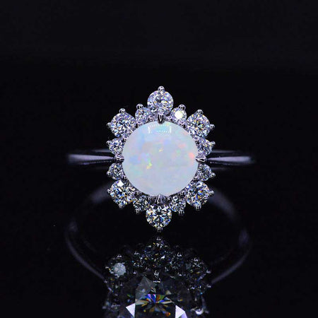 Snowflake Genuine White Opal Ring, 2.0ct Round Cut Genuine White Opal Halo Ring, Solid 14K White Gold Ring