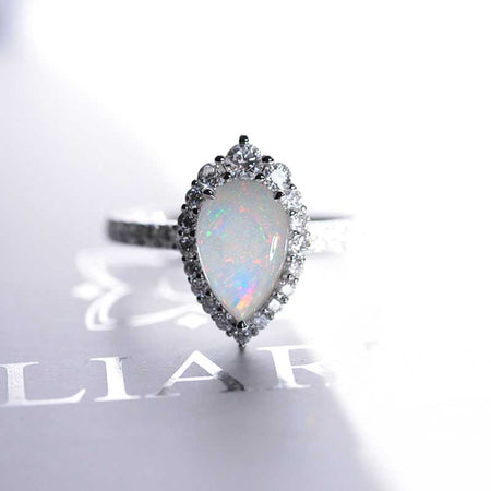 14K Solid White Gold 3 Carat Genuine White Opal Pear Cut Halo  Genuine White Opal Ring