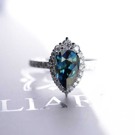 14K Solid White Gold 3 Carat Teal Sapphire Cut Halo Teal Sapphire Ring