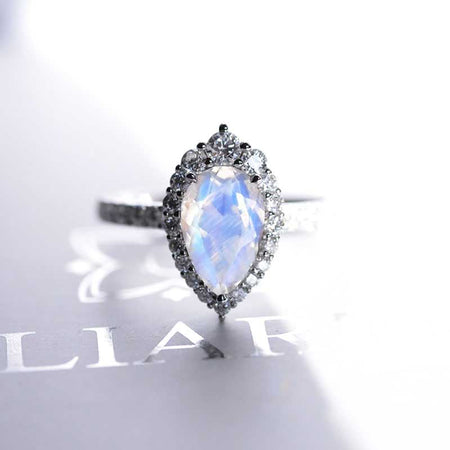 14K Solid White Gold 3 Carat Natural Moonstone Pear Cut Halo Natural Moonstone Ring