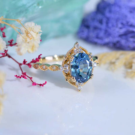 2 Carat Oval Teal sapphire Halo Vintage Engagement Ring