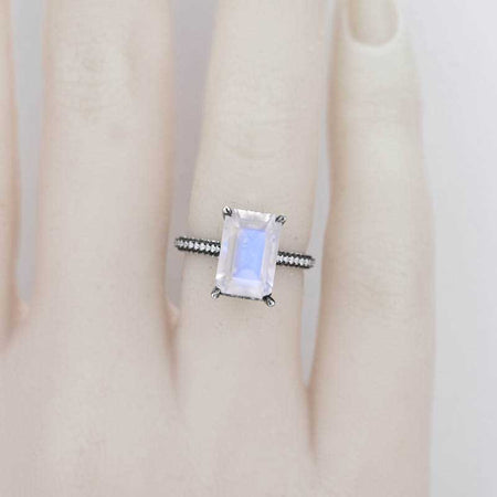 4ct Emerald Cut Natural Moonstone Black Gold Engagement Ring