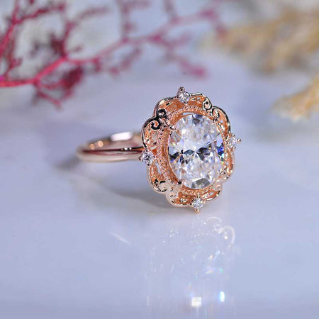 14K Rose Gold Vintage Moissanite Ring, Luxury Prong Setting Oval Cut Halo Engagement Ring 2ct Carat Oval Moissanite Victorian Ring