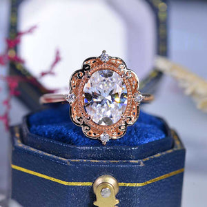 14K Rose Gold Vintage Moissanite Ring, Luxury Prong Setting Oval Cut Halo Engagement Ring 2ct Carat Oval Moissanite Victorian Ring