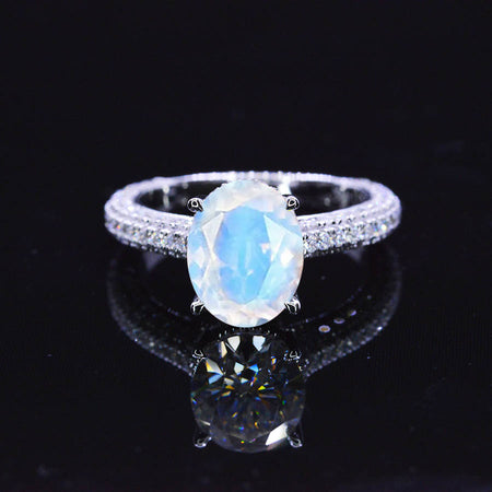 Luxury 3 Carat Oval Genuine moonstone Hidden Halo Gold Engagement Ring