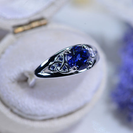 14K White Gold Celtic Engagement Ring with Royal Blue Sapphires