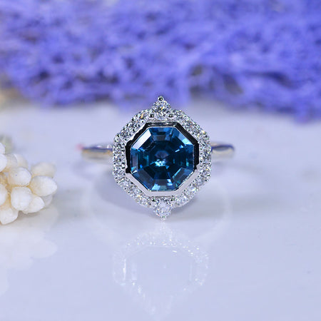 3 Carat Hexagon Teal Sapphire Halo 14K White Gold Engagement Ring