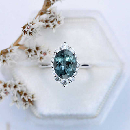 14K White Gold 2 Carat Oval Teal Sapphire Halo Engagement Ring