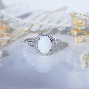 2 Carat Oval Genuine Natural White Opal Halo Engagement Ring