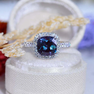 2.5 Carat Cushion Alexandrite Halo Engagement Ring. Victorian 14K White Gold Ring
