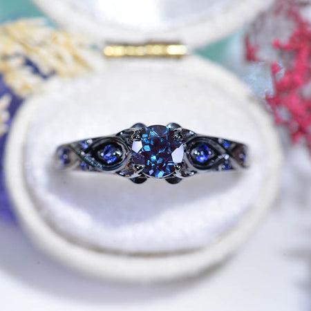 1 Carat 14K Black Gold Alexandrite  Sapphire  Celtic Floral Engagement Ring Model 33A