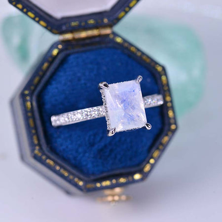 3 Carat Emerald Cut  Genuine Rainbow Moonstone Hidden Halo Engagement 14K White Gold Ring Model 453