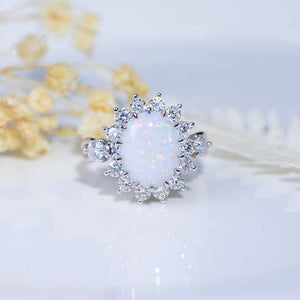 5 Carat Oval Genuine Natural White Opal Halo Engagement Ring