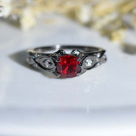 14K Black Gold Cushion Ruby Celtic Engagement Ring