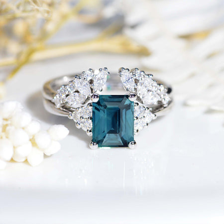 3Ct Emerald Shape Step Cut Teal Sapphire Ring, Solitaire ring, 3 Carat Teal Sapphire Ring, Teal Sapphire Vintage Ring Set