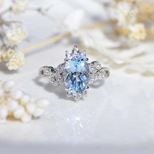 2 Carat Oval Genuine Aquamarine  Floral Setting White Gold Engagement Ring