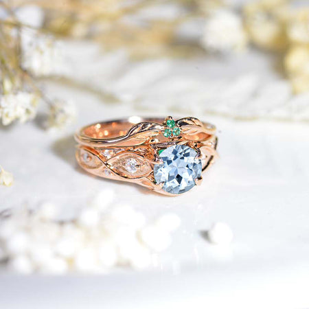 14K Rose Gold Natural Aquamarine Celtic Engagement Ring Set