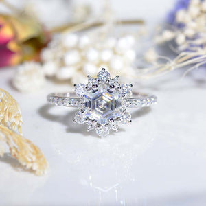 3 Carat Hexagon Moissanite Snowflake Halo Engagement Ring. Victorian 14K White Gold Ring