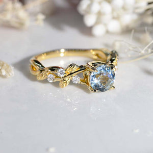 Natural Aquamarine Floral 14K Yellow Gold Engagement  Ring Nature Inspired