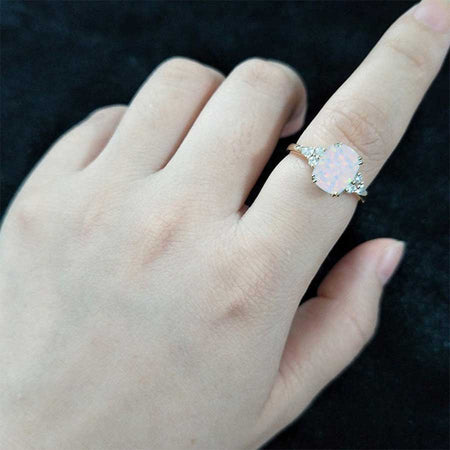 2.5Ct Cushion Genuine White Opal Vintage Engagement Ring, Cushion Genuine White Opal Engagement Ring, Marquise Side Accents Stones 14K Rose Gold Ring