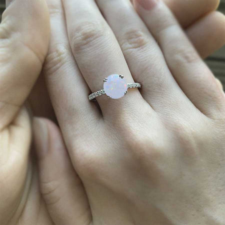 2 Carat Genuine White Opal Stone with Accent Stones 14K White Gold Ring