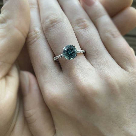 2 Carat Teal Sapphire Stone with Accent Stones 14K White Gold Ring