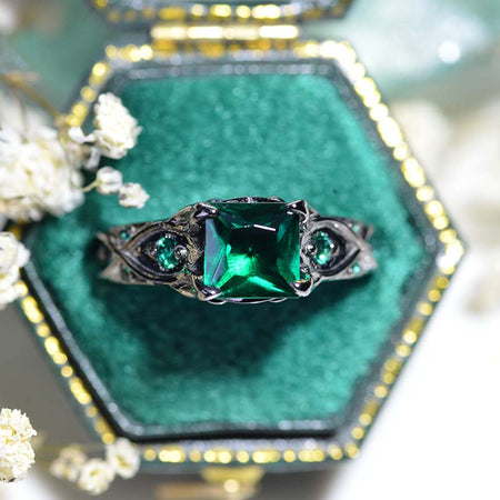 14K Black Gold Princess Cut Emerald Celtic Engagement Ring