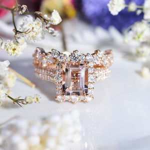 3Ct Natural Morganite Engagement Ring. Halo Emerald Cut Genuine Morganite Engagement Ring, 9x7mm Step Cut Morganite Engagement Ring with Eternity Band