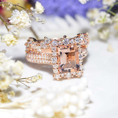 3Ct Natural Morganite Engagement Ring. Halo Emerald Cut Genuine Morganite Engagement Ring, 9x7mm Step Cut Morganite Engagement Ring with Eternity Band