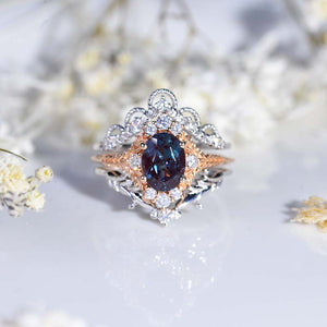 1.5 Carat Oval Alexandrite Art Avenue Floral Halo 14K White  Rose Gold Floral Engagement Ring Set