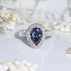 14K Solid Rose Gold 3 Carat Alexandrite Pear Cut Halo Moissanite Ring