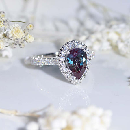 14K Solid Rose Gold 3 Carat Alexandrite Pear Cut Halo Moissanite Ring