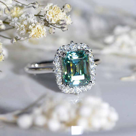 3Ct Green Moissanite Engagement Ring, Emerald Cut Halo  Moissanite Engagement Ring