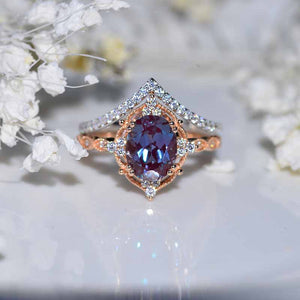 14K Rose Gold Ring 2CT Oval Vintage Wedding Ring, Oval Alexandrite Halo Engagement Ring Set