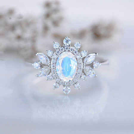 14K White Gold 1.5 Carat Oval Natural Moonstone Snowflake Halo Engagement Ring