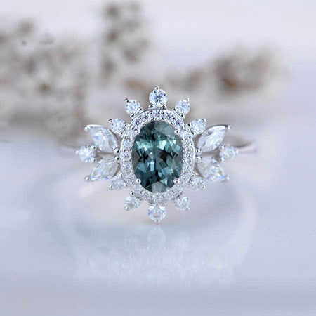 14K White Gold 1.5 Carat Oval Teal Sapphire Snowflake Halo Engagement Ring