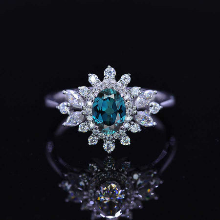 14K White Gold 1.5 Carat Oval Cornflower Sapphire Snowflake Halo Engagement Ring