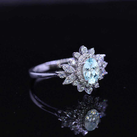 14K White Gold 1 Carat Oval Genuine Natural Aquamarine Snowflake Halo Engagement Ring