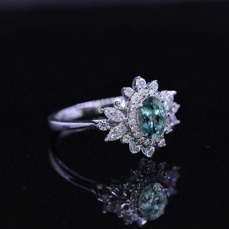 14K White Gold 1 Carat Oval Teal Sapphire Snowflake Halo Engagement Ring