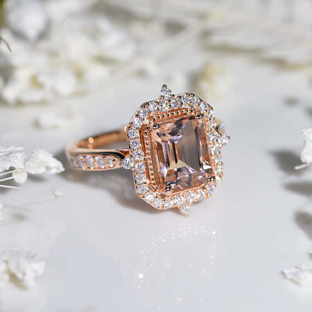 3Ct Emerald Cut Halo Morganite Ring, Morganite ring, Vintage Natural Morganite Ring, Genuine Morganite Emerald Cut Ring