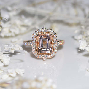 3Ct Emerald Cut Halo Morganite Ring, Morganite ring, Vintage Natural Morganite Ring, Genuine Morganite Emerald Cut Ring