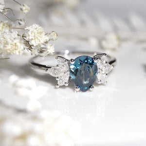 Pear Shaped Teal Sapphire Engagement Ring. Vintage Unique Marquise Cut Cluster Engagement Ring