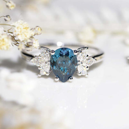 Pear Shaped Teal Sapphire Engagement Ring. Vintage Unique Marquise Cut Cluster Engagement Ring