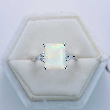 3Ct Emerald Shape Step Cut Genuine White Opal ring, Genuine White Opal solitaire ring, 3 Carat Natural Genuine White Opal Ring, Genuine White Opal Vintage Ring