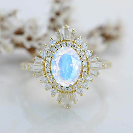 1.5 Carat Oval Genuine moonstone Cut Halo 14K Yellow Gold Engagement Ring